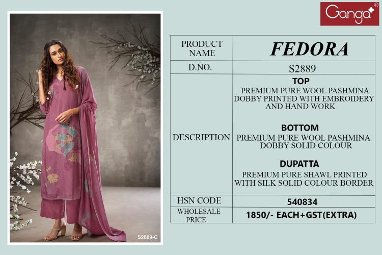 Ganga Fedora 2889 Premium Pure Wool Pashmina Salwar Kameez Wholesale Catalog