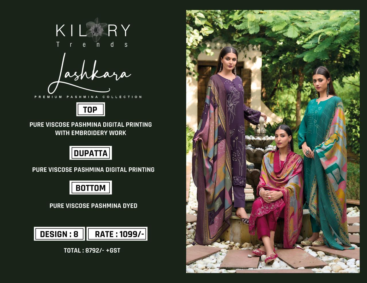 Kilory Lashkara Pure Viscose Pashmina Digital Printed Salwar Kameez Wholesale Catalog