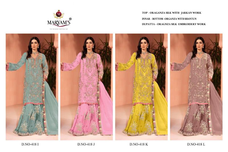 MARYAMS M418 Special Edition Oragnza Silk Embroidery Pakistani Suits Wholesale Catalog