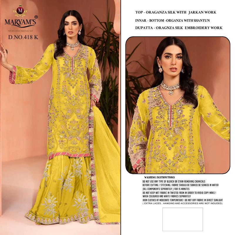 MARYAMS M418 Special Edition Oragnza Silk Embroidery Pakistani Suits Wholesale Catalog