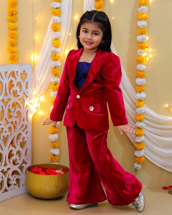 Sabella girl Coat pattern and bell bottoms pant with sleeveless top co-ord set Wholesale Catalog