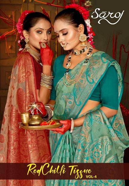 Saroj Red Chilly Tissue vol.4 Tissue organza silk saree  in surat with price wholesale
