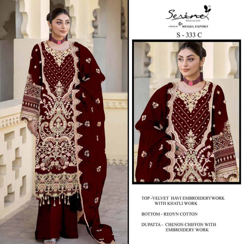 SERINE S 333 A to D Velvet With heavy embroidered Pakistani Suit Wholesale Catalog 