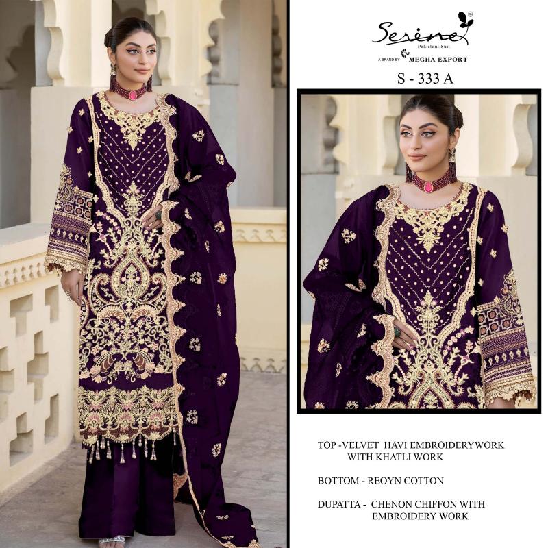 SERINE S 333 A to D Velvet With heavy embroidered Pakistani Suit Wholesale Catalog 