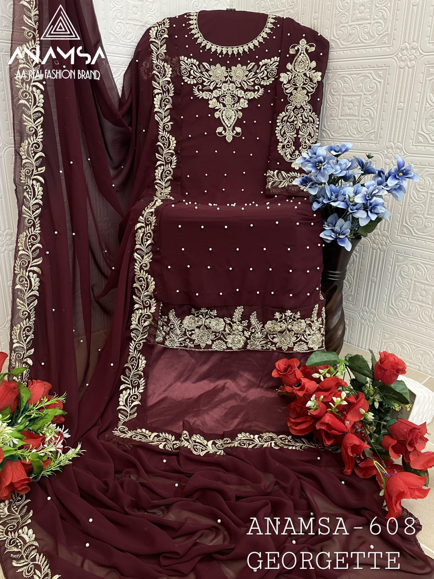 Anamsa 608 Georgette Embroidered Pakistani suits wholesale market in delhi