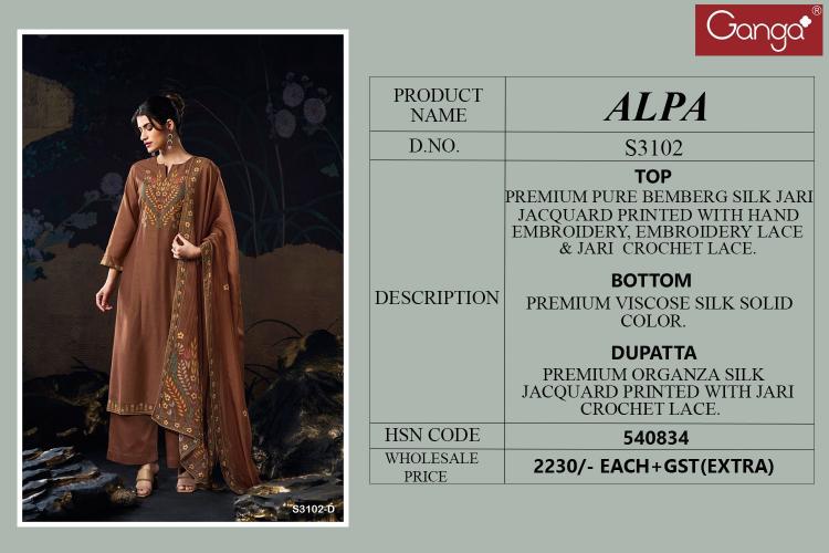 Ganga Alpa 3102 Premium Pure Bemberg Silk Salwar Kameez Wholeslae Catalog