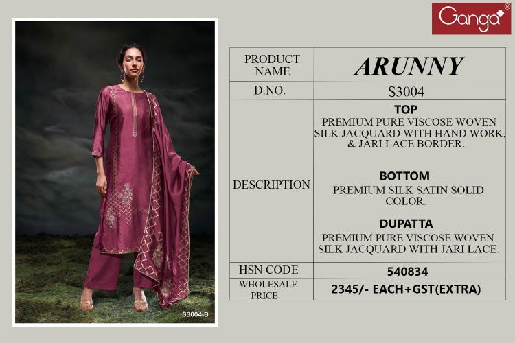 Ganga Arunny 3004 Premium Pure Viscose Salwar Suits wholesale catalog