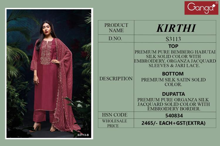 Ganga Kirthi 3113 Premium Pure Bemberg Salwar Kameez Wholesale Catalog