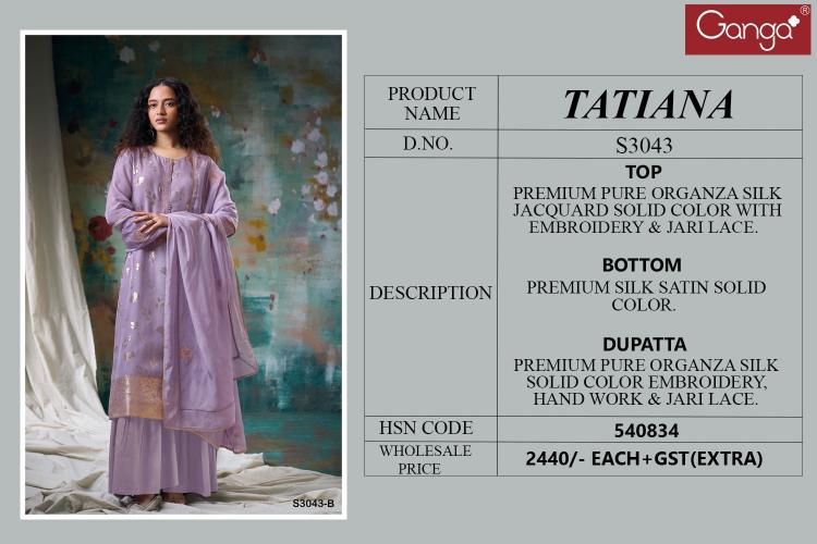Ganga Tatiana 3043 Premium Pure Organza Silk Salwar Kameez Wholesale Catalog