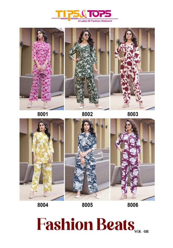 Tips & Tops Fashion Beats Vol 08 Rayon Printed Co Ord Set Wholesale Catalog