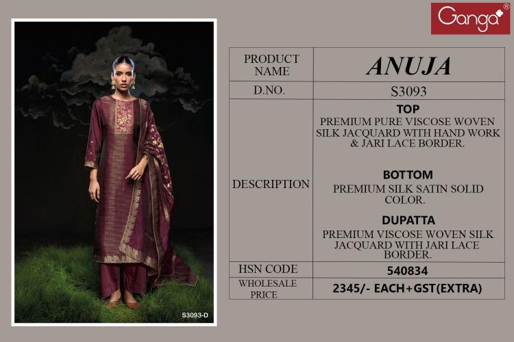 Ganga Anuja 3093 Premium Pure Viscose Salwar Suits wholesale catalog