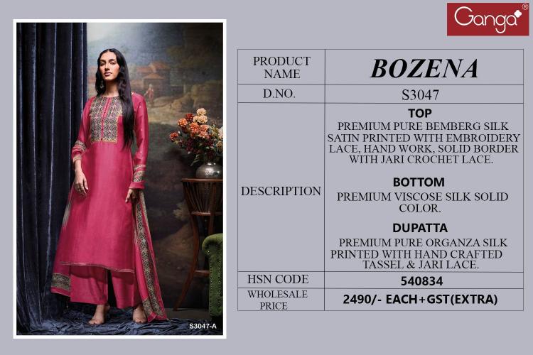 Ganga Bozena 3047 Catalog Premium Pure Bemberg Silk Salwar Kameez Wholeslae