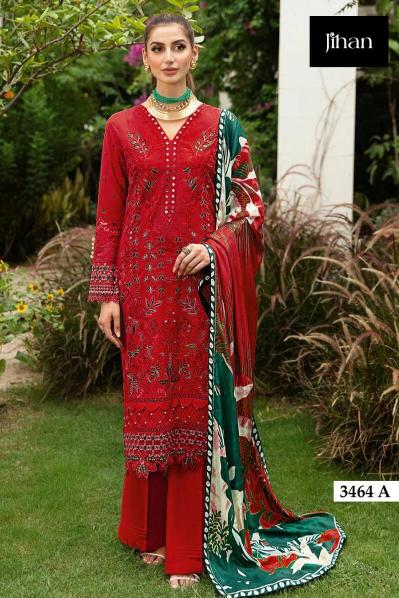 Jihan Riwayat Luxury 3464 Catalog Cotton Dupatta pakistani female news anchor in red suit
