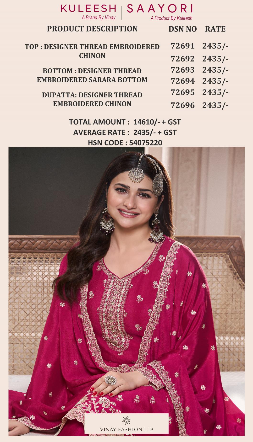 Vinay Kuleesh Saayori Catalog Chinon Embroidered designer salwar kameez wholesale online