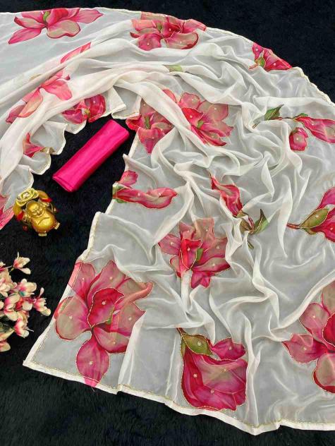 Dazira Kc 854 Catalog Beautiful Flower Printed Organza Silk fab india pink saree