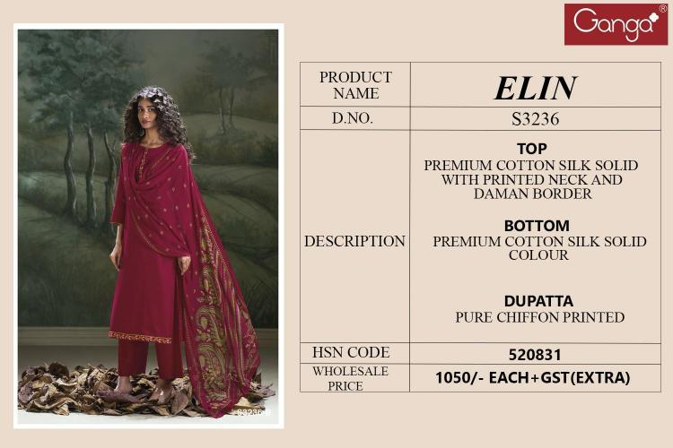 Ganga Elin 3236 catalog party wear salwar suits wholesale