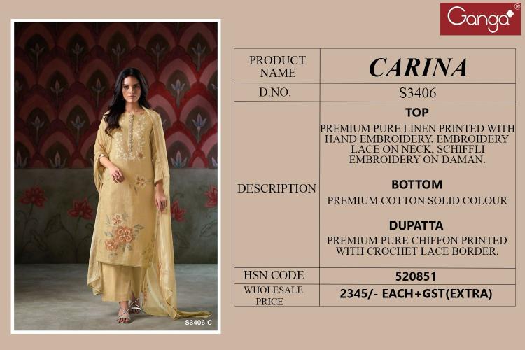 Ganga Carina 3406 catalog wholesale unstitched salwar kameez suppliers