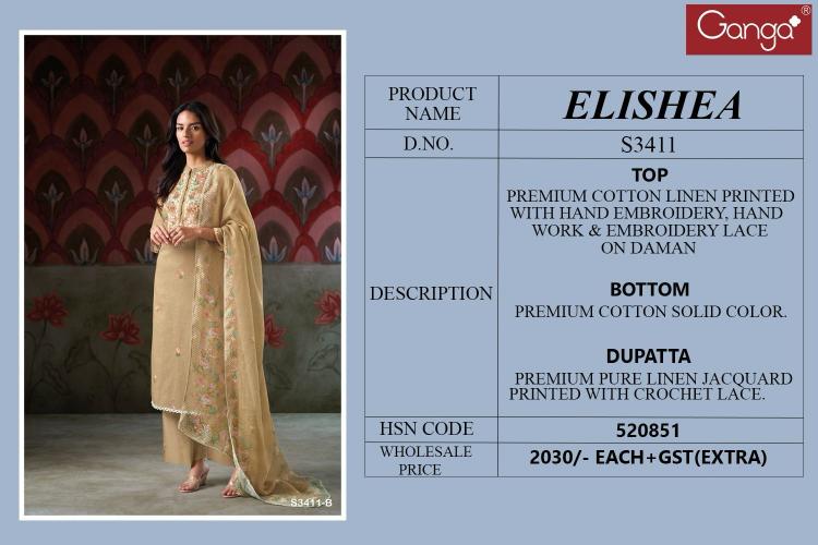 Ganga Elishea 3411 catalog salwar kameez catalogue wholesale surat