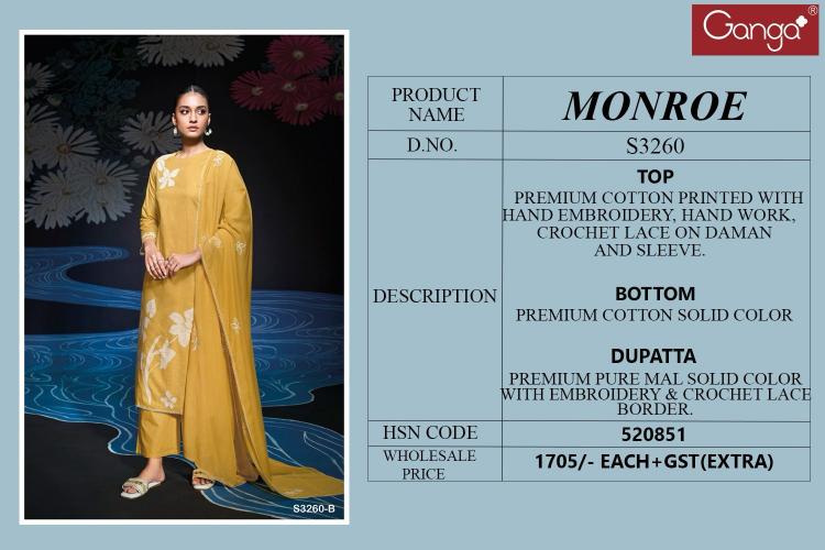 Ganga Monroe 3260 catalog branded salwar suits wholesale