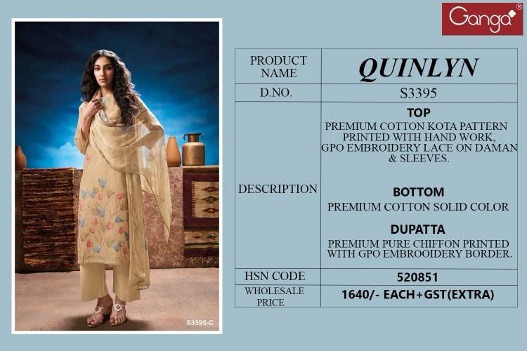 Ganga Quinlyn 3395 Catalog wholesale unstitched salwar kameez suppliers
