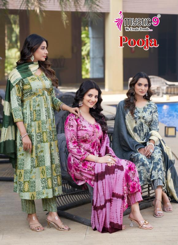 Mystic9 Pooja Vol-9 – Aliya Cut Kurti With Pant And Dupatta - Wholesale Catalog