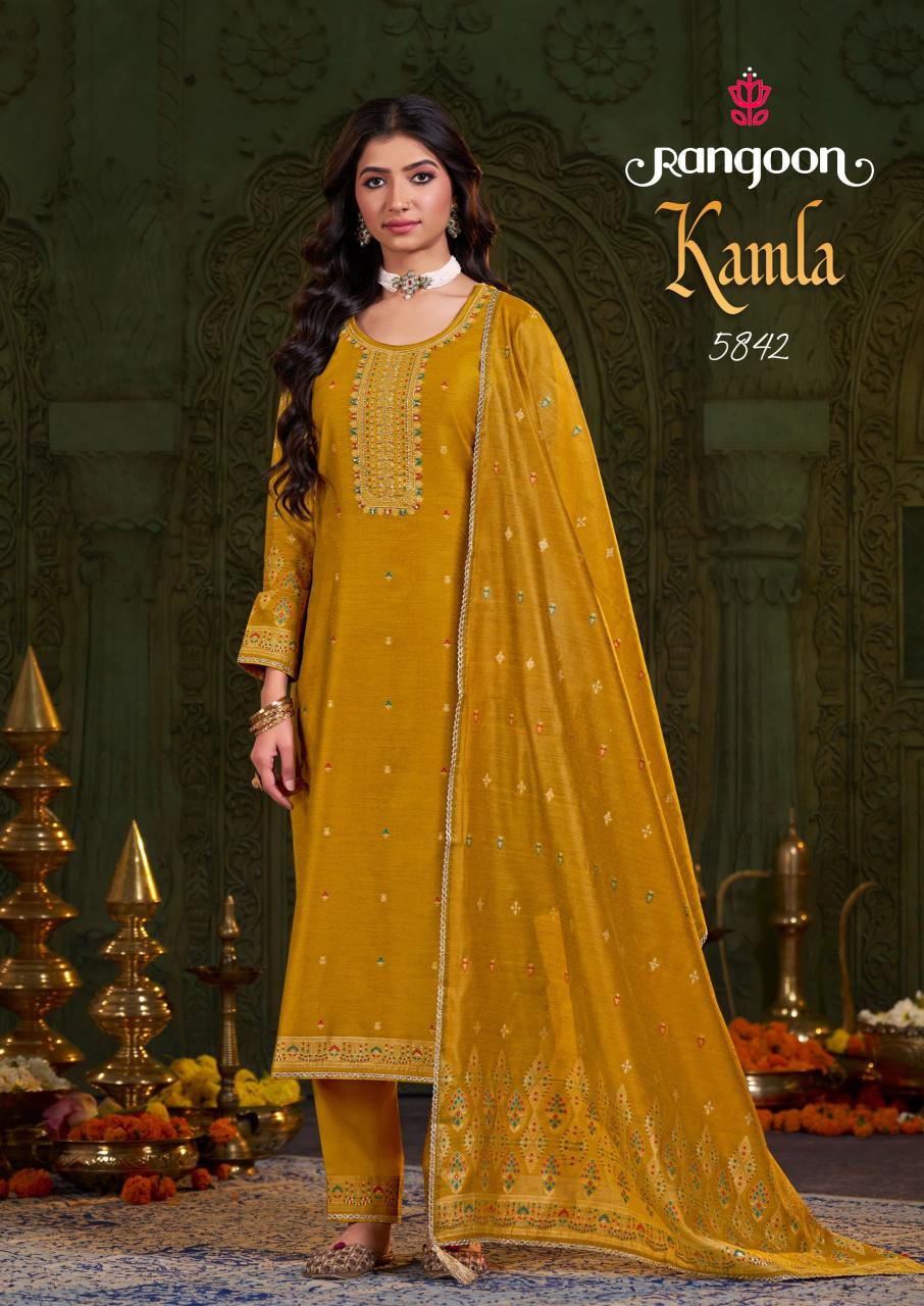Rangoon Kamla catalog Jacquard Khatli Handwork kurti palazzo set wholesale price