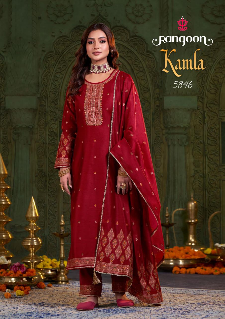 Rangoon Kamla catalog Jacquard Khatli Handwork kurti palazzo set wholesale price