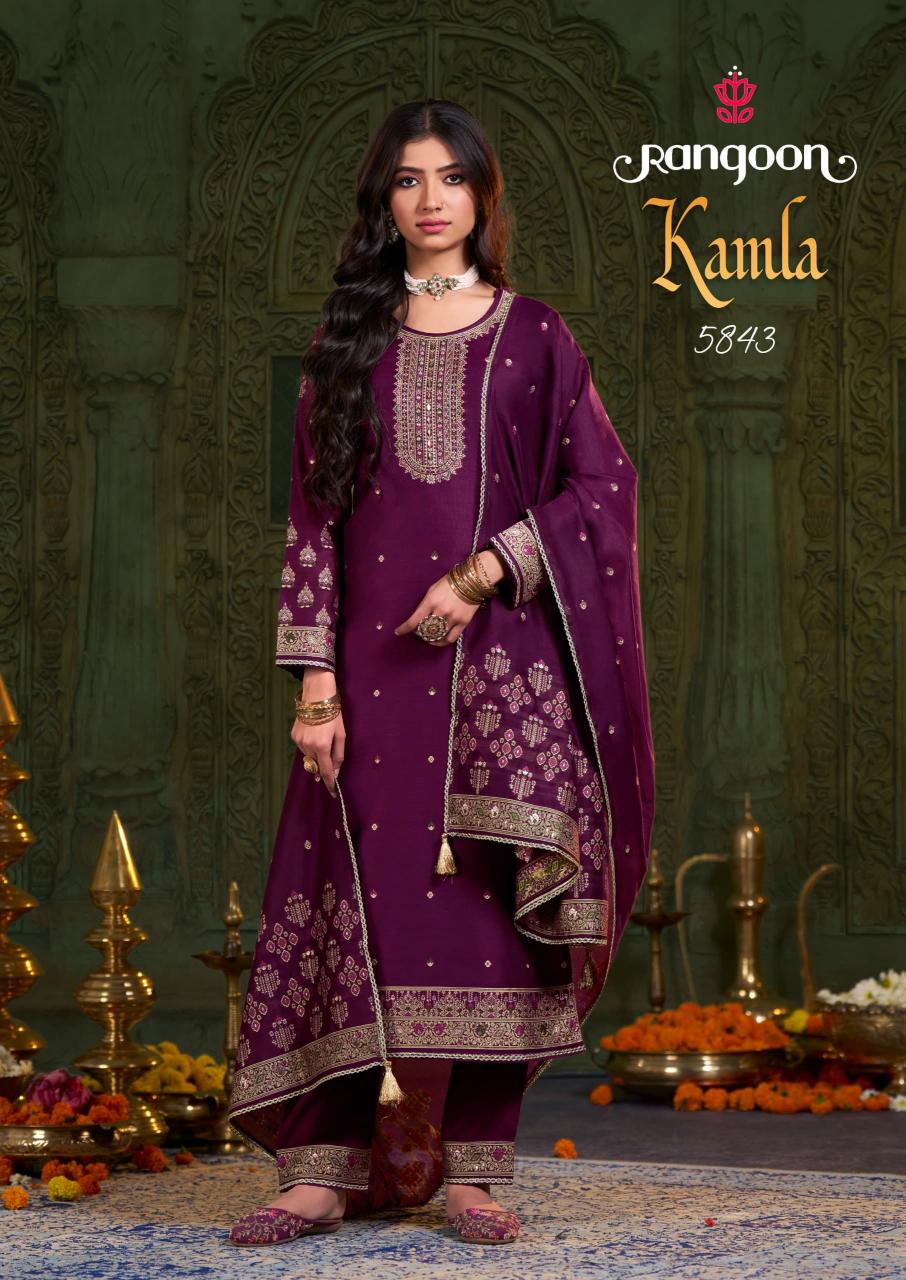 Rangoon Kamla catalog Jacquard Khatli Handwork kurti palazzo set wholesale price