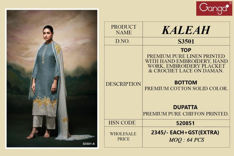 Ganga Kaleah 3501 catalog traditional salwar kameez wholesale