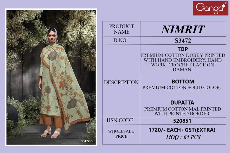 Ganga Nimrit 3472 Catalog cotton salwar kameez wholesale