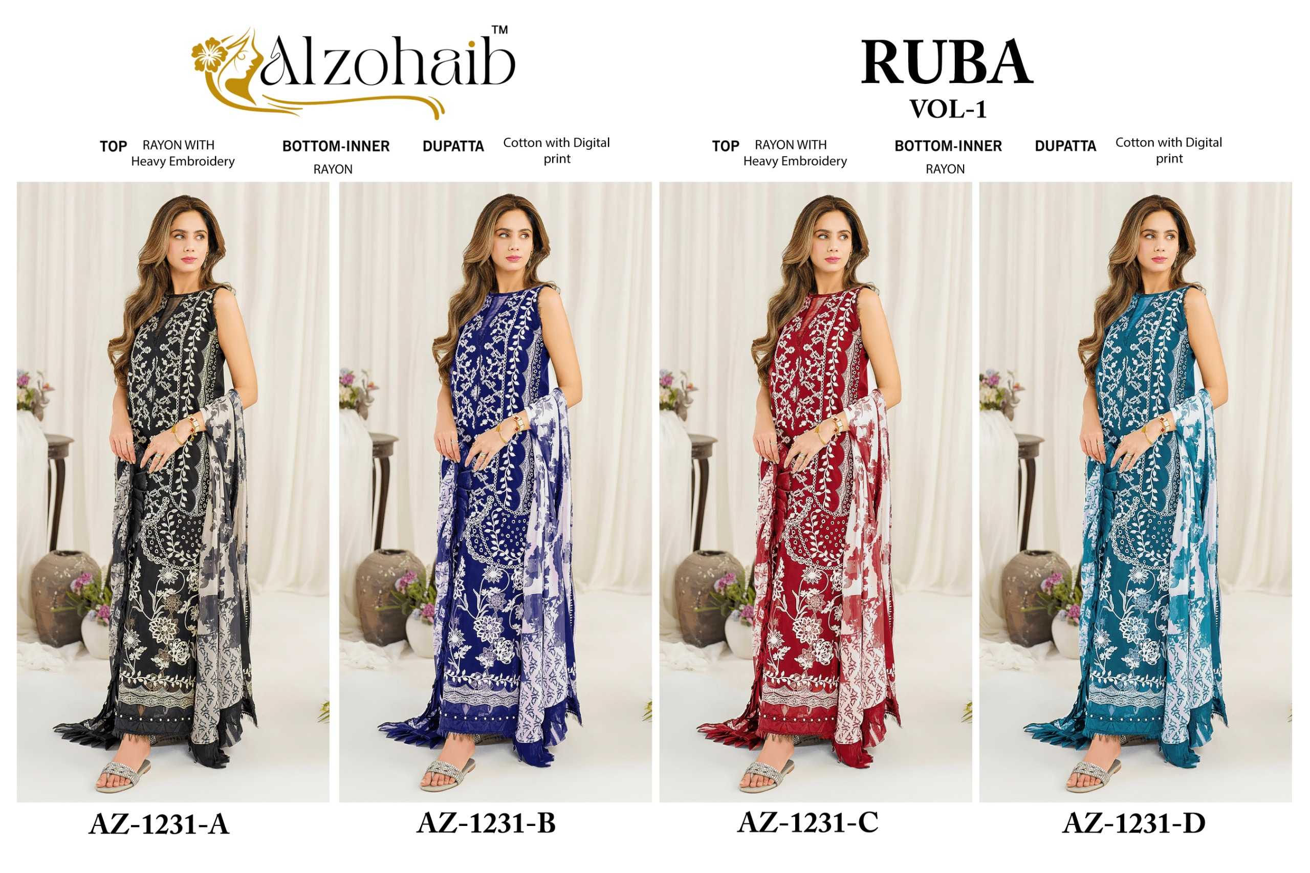 Alzohaib Ruba Vol 1 Catalog Cotton Dupatta pakistani palazzo salwar suits