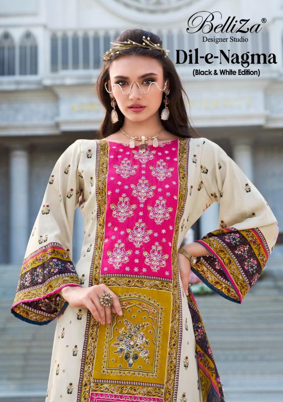 Belliza Dil E Nagma Black And White Jam catalog online wholesale website dress material