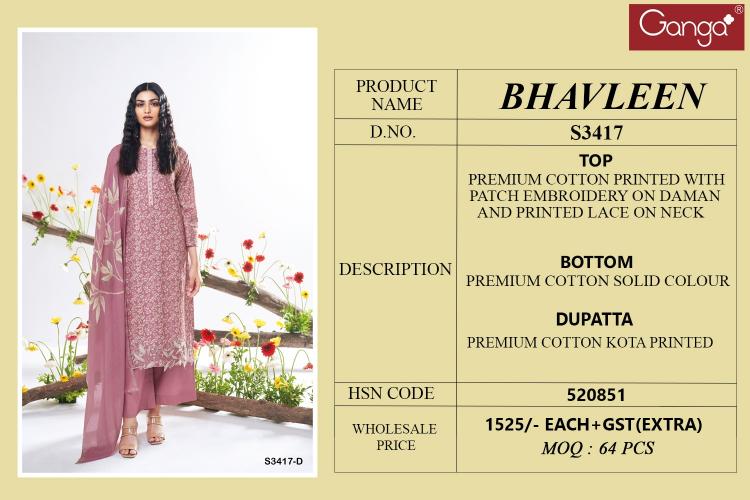 Ganga Bhavleen 3417 catalog unstitched heavy salwar kameez in jaipur wholesale with price