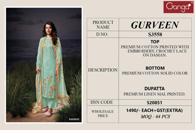 Ganga Gurveen 3558 catalog unstitched salwar kameez wholesalers in mumbai