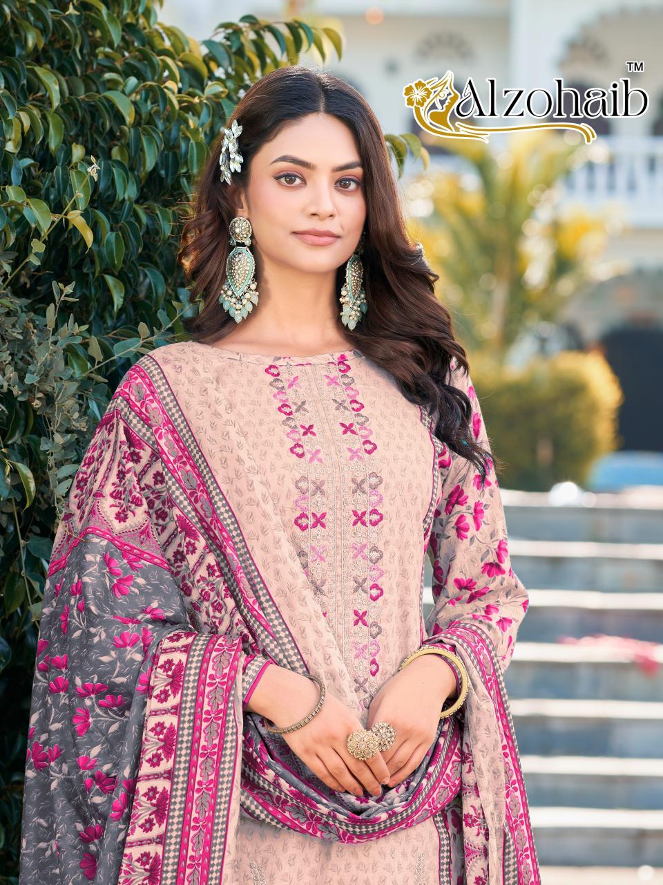 Alzohaib Az 1258 A To 1260 catalog Chiffon Dupatta pakistani replica suits online india wholesale