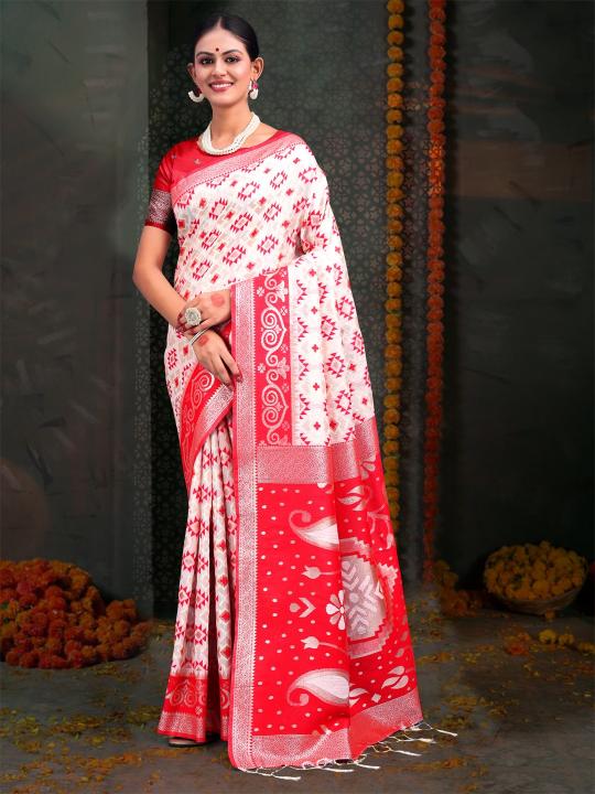 Dazira Devistuti catalog buy white and red border linen cotton saree surat