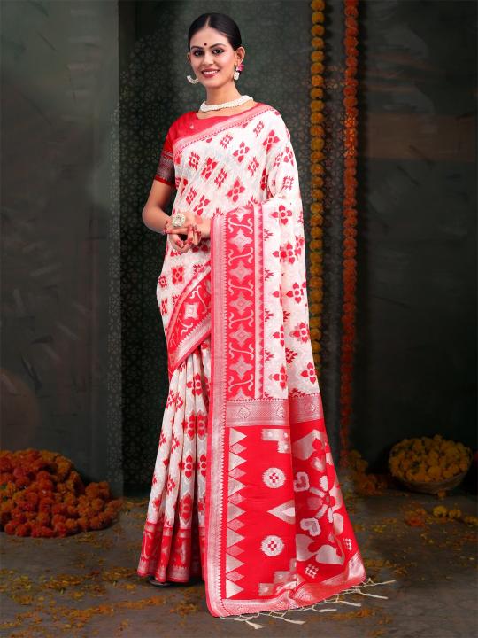 Dazira Devistuti catalog buy white and red border linen cotton saree surat