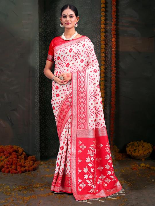 Dazira Devistuti catalog buy white and red border linen cotton saree surat