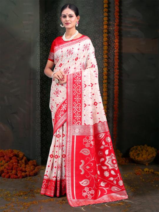 Dazira Devistuti catalog buy white and red border linen cotton saree surat