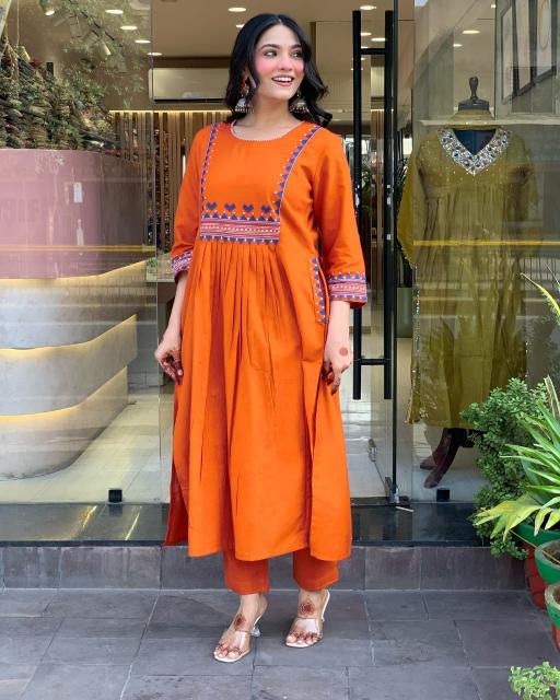 Felocity cotton slub catalog indian orange kurti pants