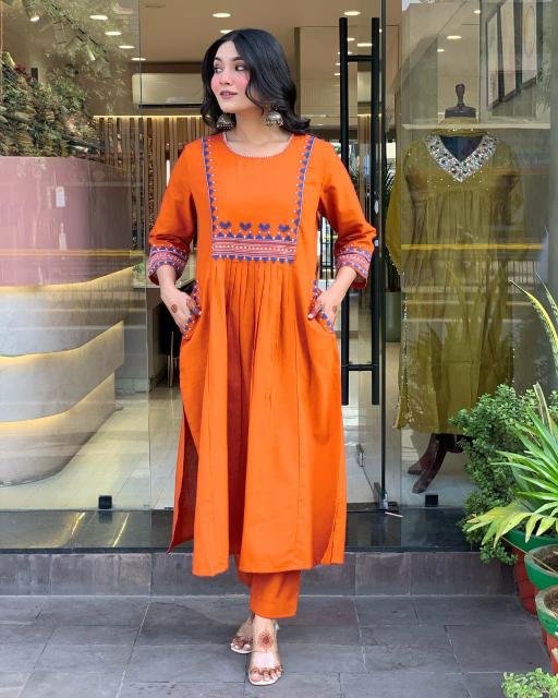 Felocity cotton slub catalog indian orange kurti pants