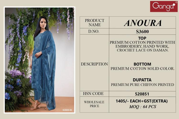 Ganga Anoura 3600 catalog salwar kameez catalogue wholesale surat