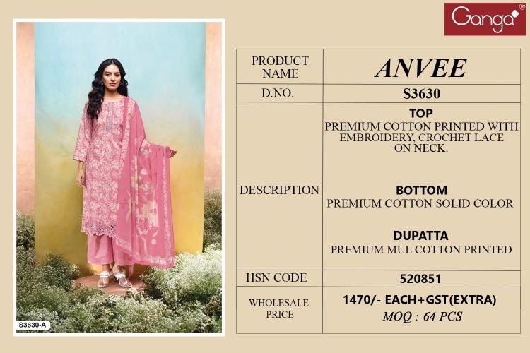 Ganga Anvee 3630 catalog salwar kameez designs catalogue surat