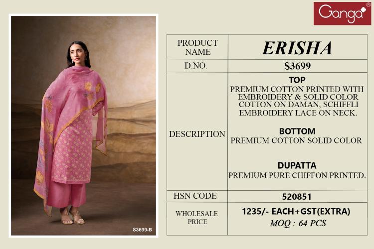 Ganga Erisha 3699 catalog unstitched salwar kameez wholesalers in kolkata 