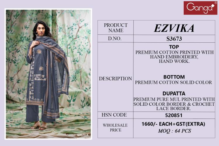 Ganga Ezvika 3673 catalog wholesale unstitched salwar kameez material in bangalore