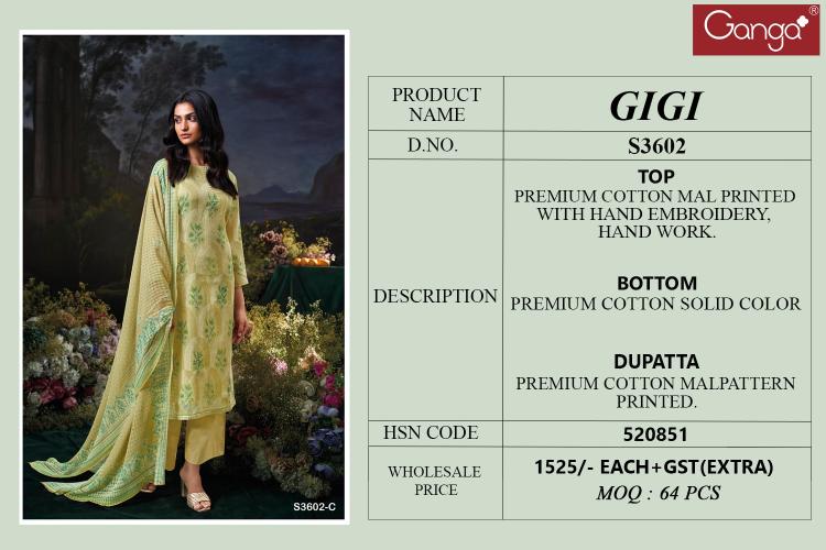 Ganga Gigi 3602 catalog mumbai salwar kameez wholesalers