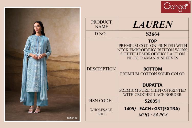 Ganga Lauren 3664 catalog surat salwar kameez wholesalers online