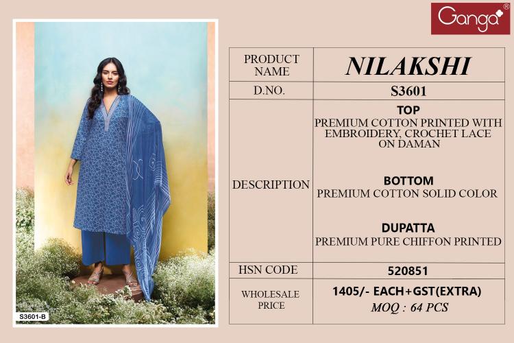 Ganga Nilakshi 3601 catalog cotton salwar kameez wholesale