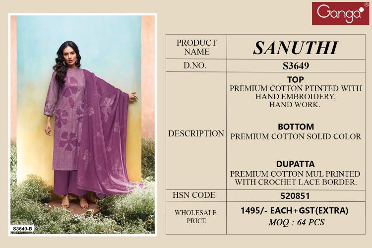 Ganga Sanuthi 3649 catalog salwar kameez wholesaler in surat