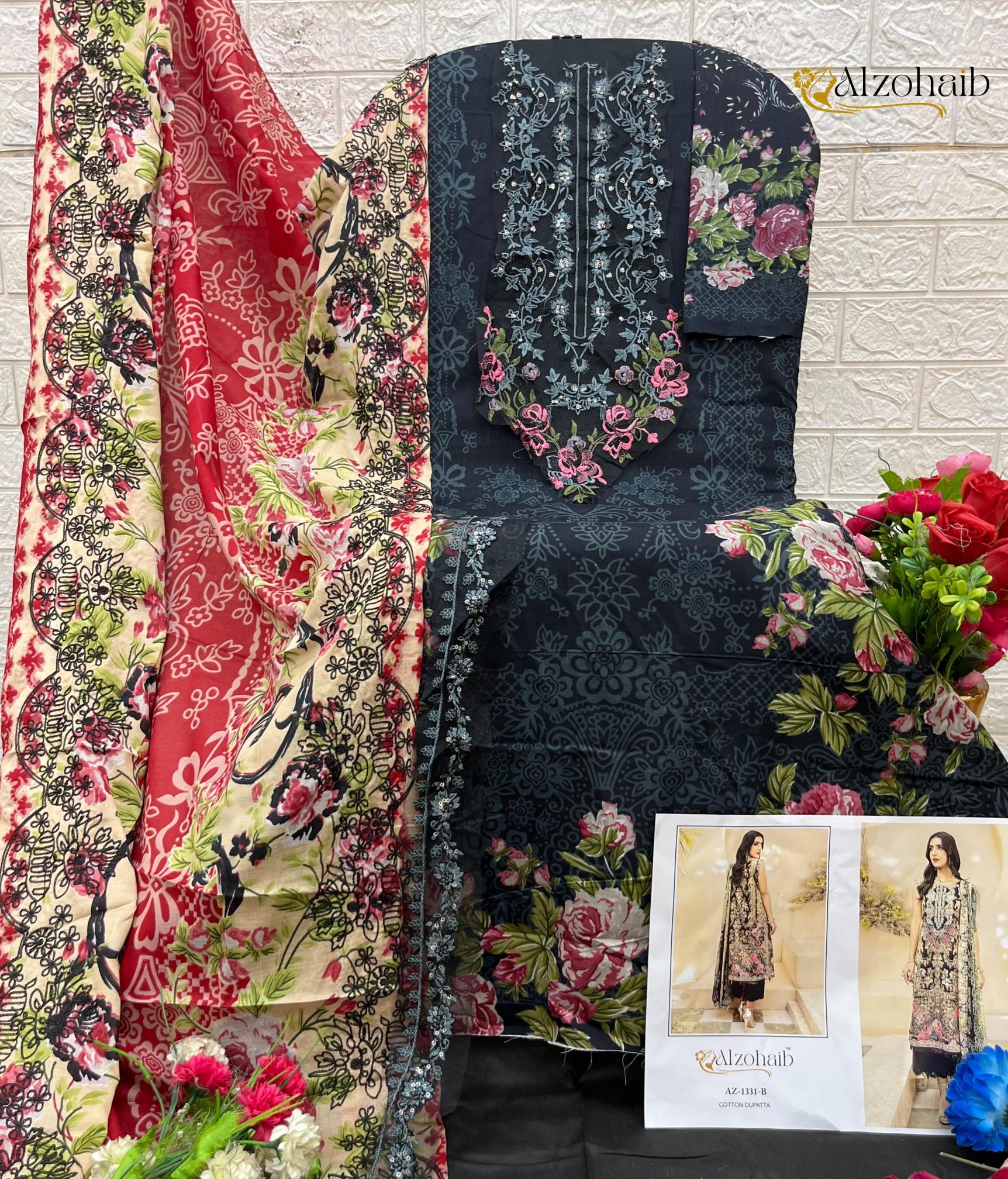 Alzohaib Az 1331 A And B catalog Cotton Dupatta pakistani replica suits wholesale surat